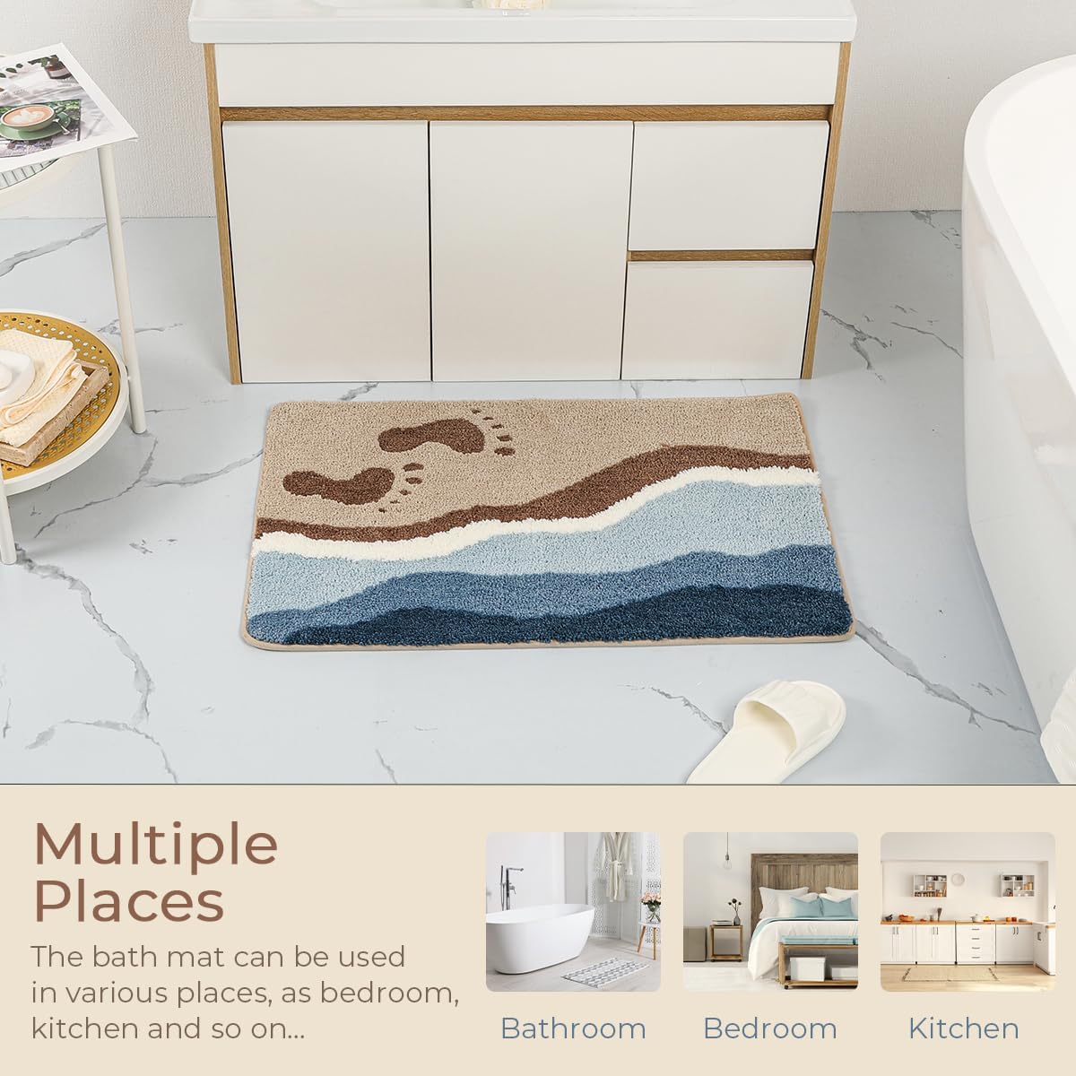 Beach-Themed Plush Footprint Mat – Neutral Texture