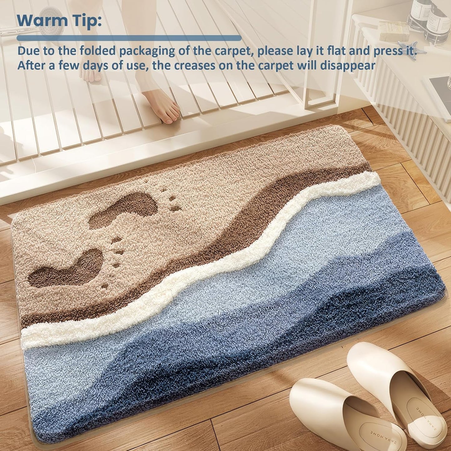 Beach-Themed Plush Footprint Mat – Neutral Texture